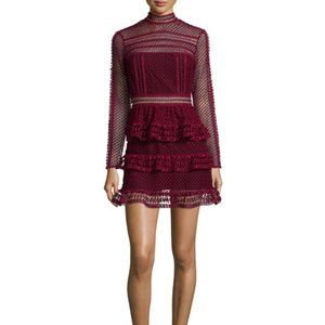 Self Portrait Long-Sleeve Tiered Lace Dress, Dark Maroon - Size 4